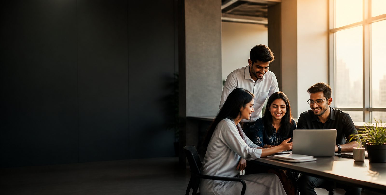 Young Pakistani professionals collaborating around a laptop in a modern Karachi office