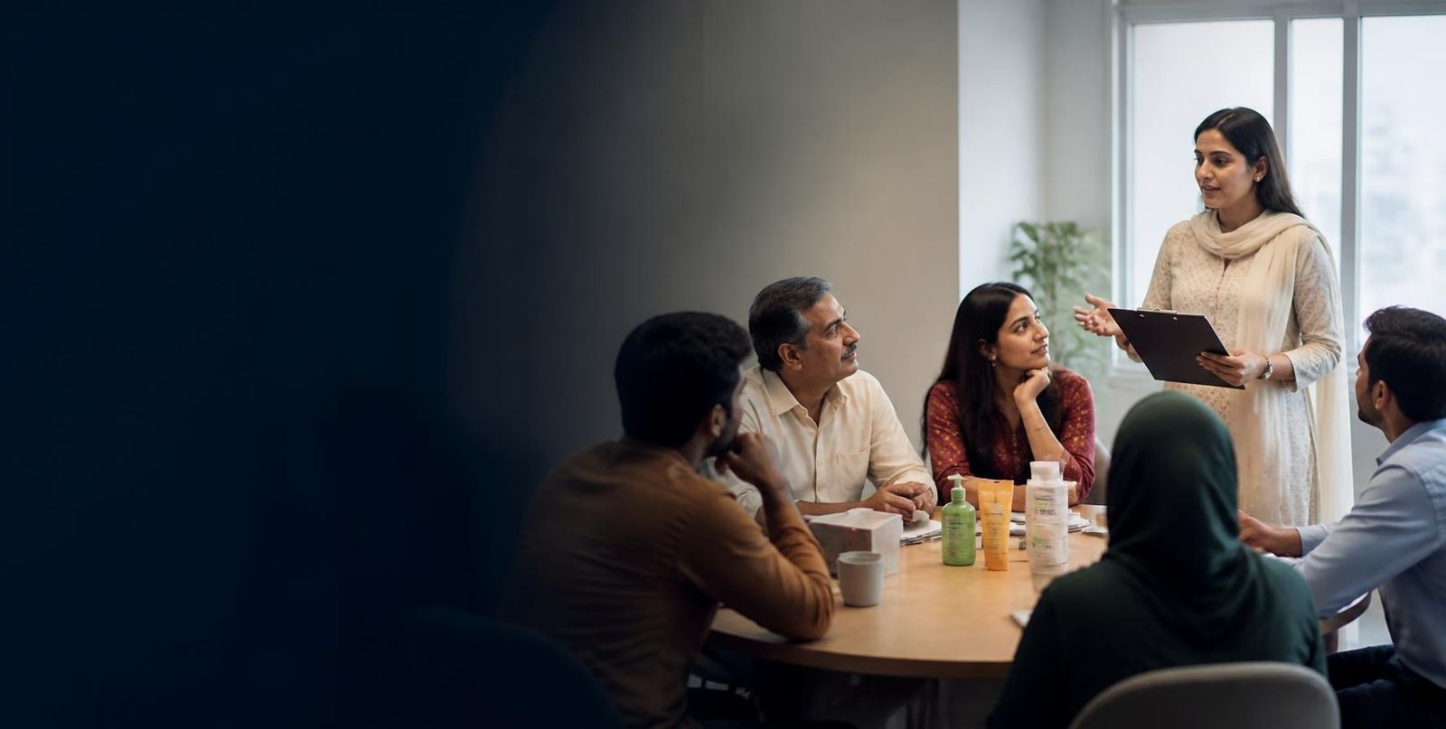 Market research moderator leading a focus group discussion with Pakistani consumers around a table with product samples