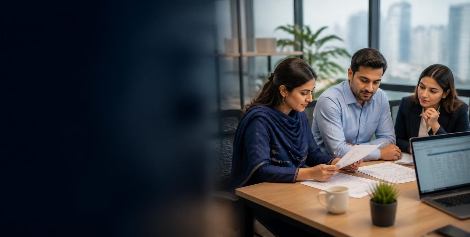HR and payroll team in a Karachi office reviewing salary slips and a payroll sheet on a laptop